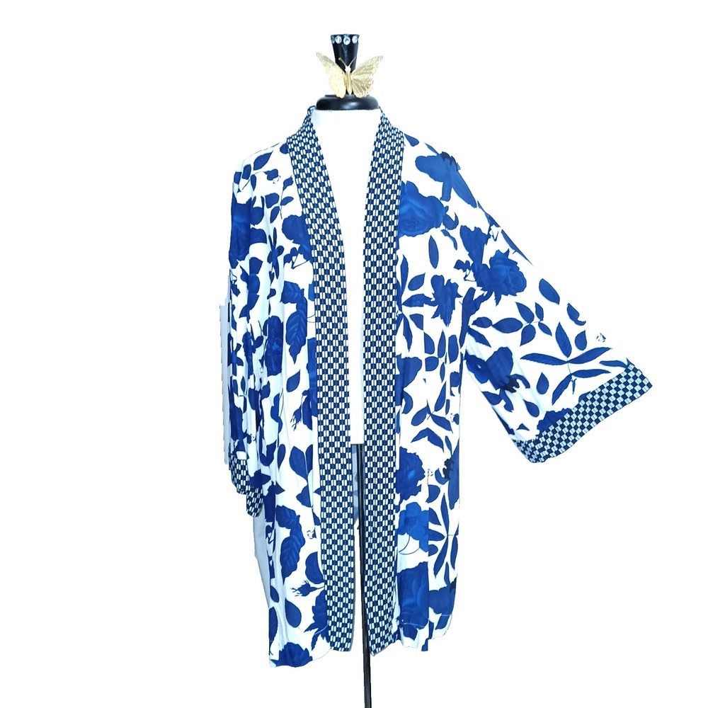 Cabi Kimono Cardigan M L Women Blue White Botanical Floral Geometric Boho 5661